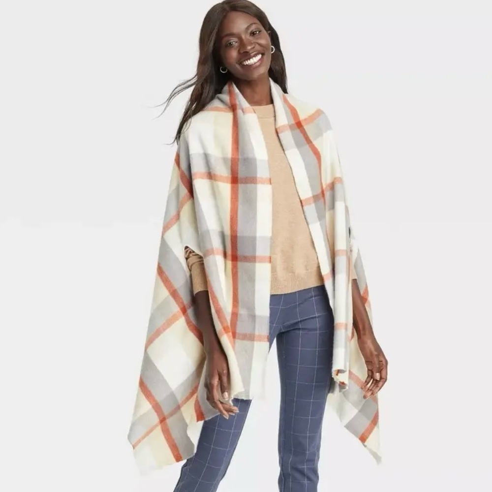 a new day Women's Plaid Cape in Gray, White, and Orange with arm holes